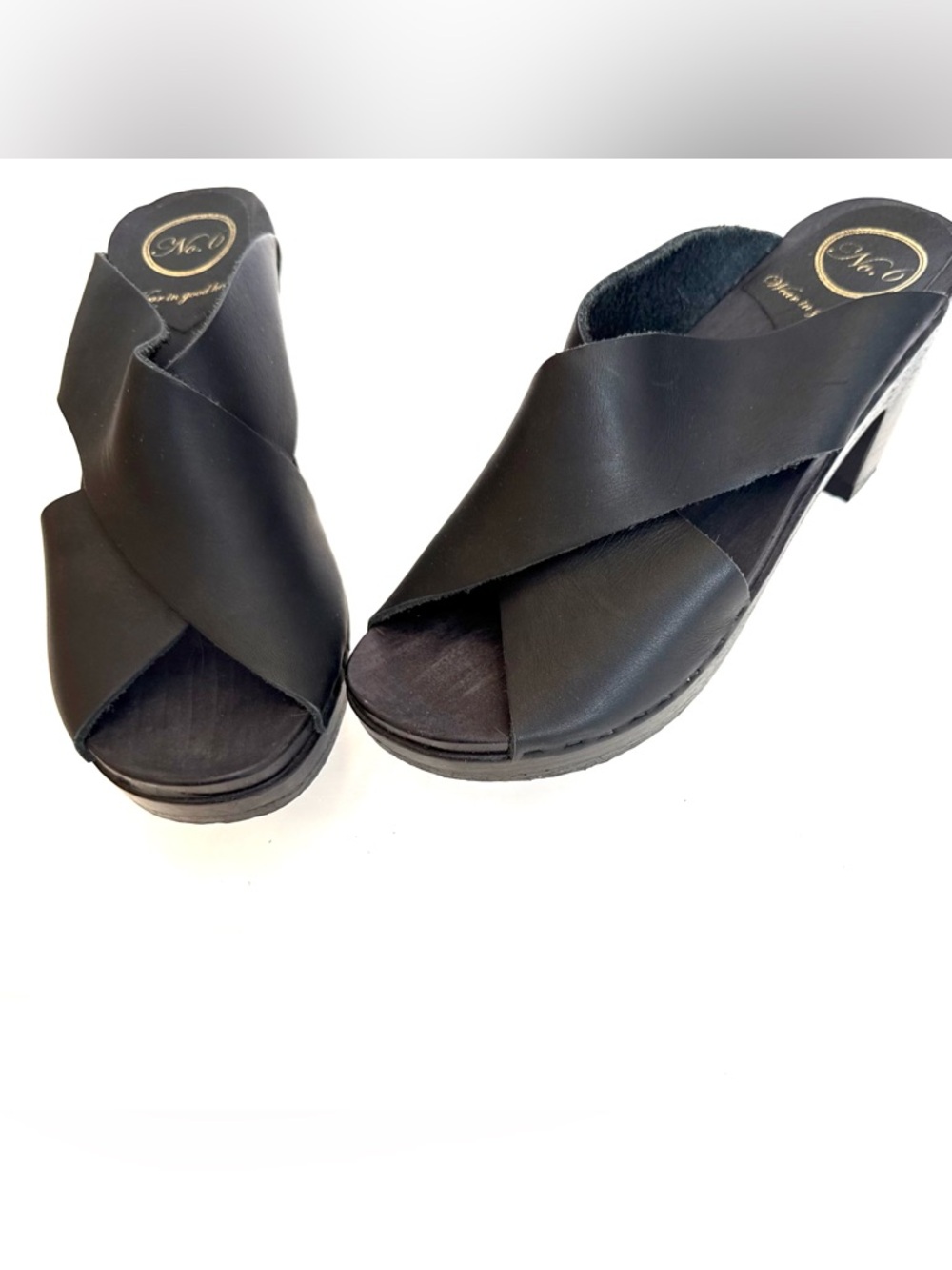 No. 6 Black Crossover Leather Clogs in Size 38